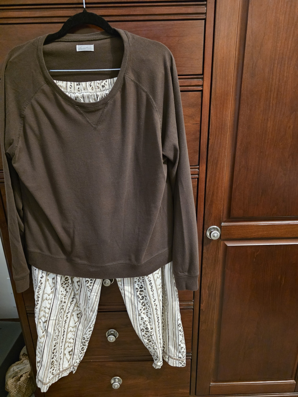 Secret Treasures Brown Top with Cream Patterned Pajama Pants